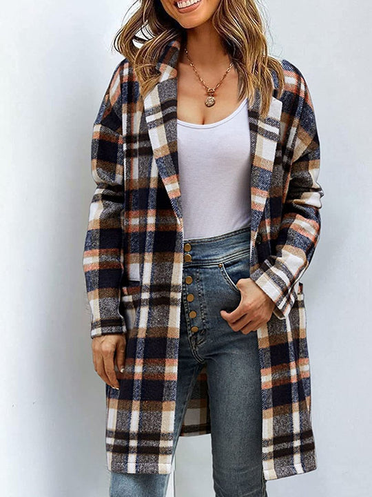 Ladies Lapel Pocket Plaid Wool Coat