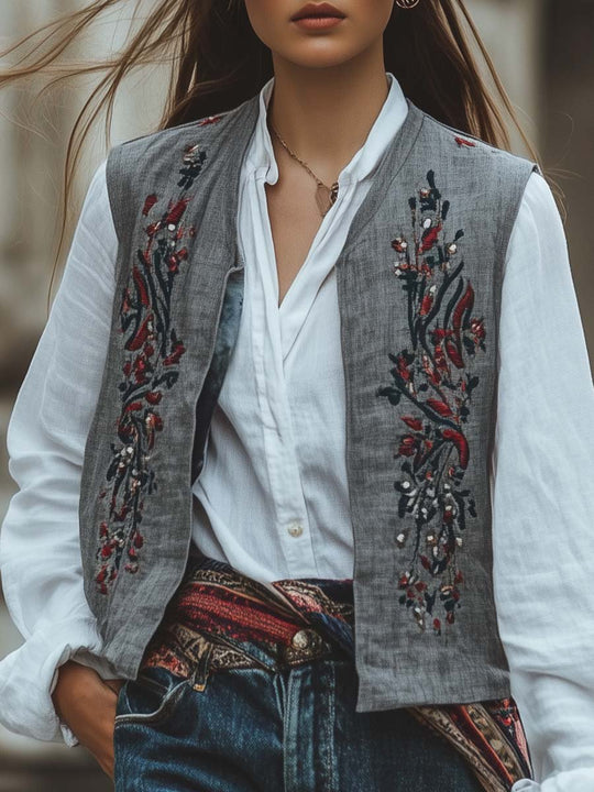 Rustic Embroidered Linen Vest