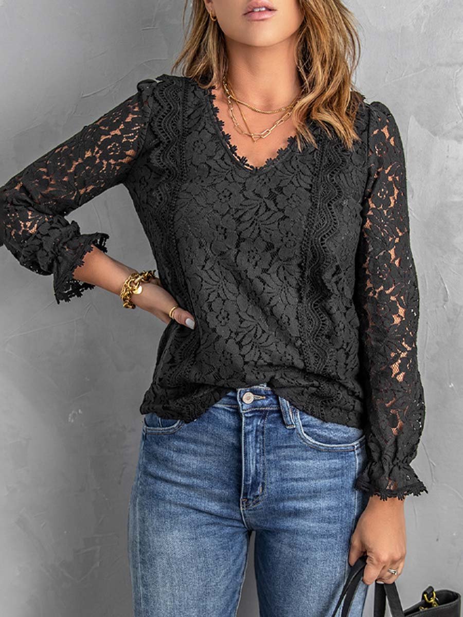 Women's Lace Hollow V-neck Long-sleeved T-shirt