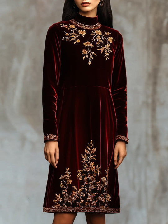 Elegant Mock Neck Golden Embroidery Velvet Midi Dress