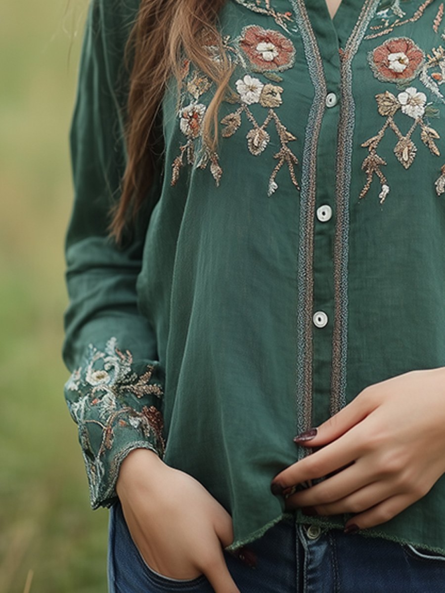 Bohemian Embroidered Button-Up Blouse