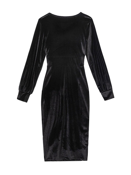 V-neck Velvet Waist Long-sleeved Hip Dress