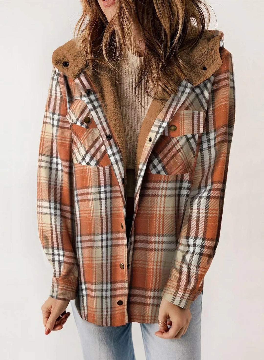 Retro Plaid Woolen Lamb Fleece Lined Thickened Hoodie Jacket