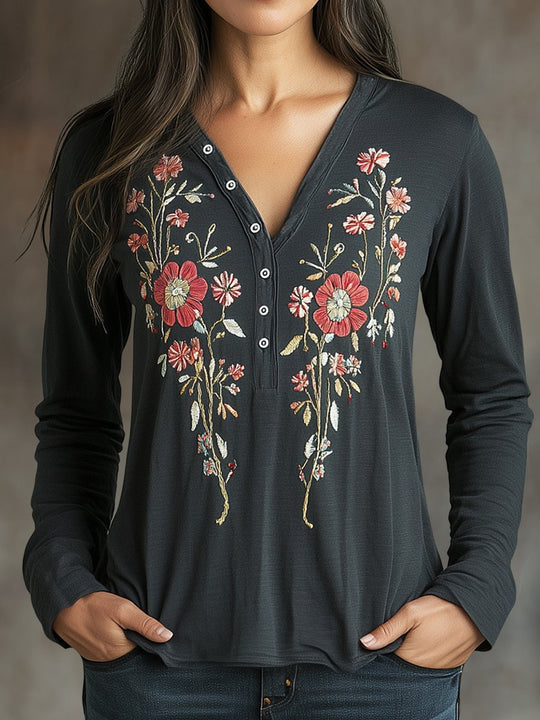 Retro Exquisite Handmade Embroidery Henley T-shirt