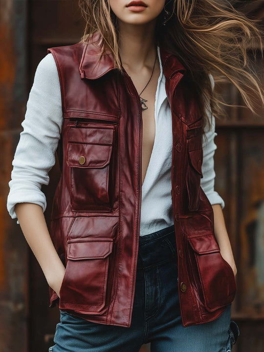 Women's Vintage Zipper Multi-Pocket Leather Waistcoat