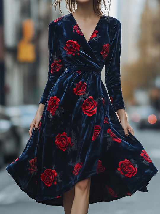 V-neck Vintage Blue Velvet Rose Print Midi Dress with Wide Skirt