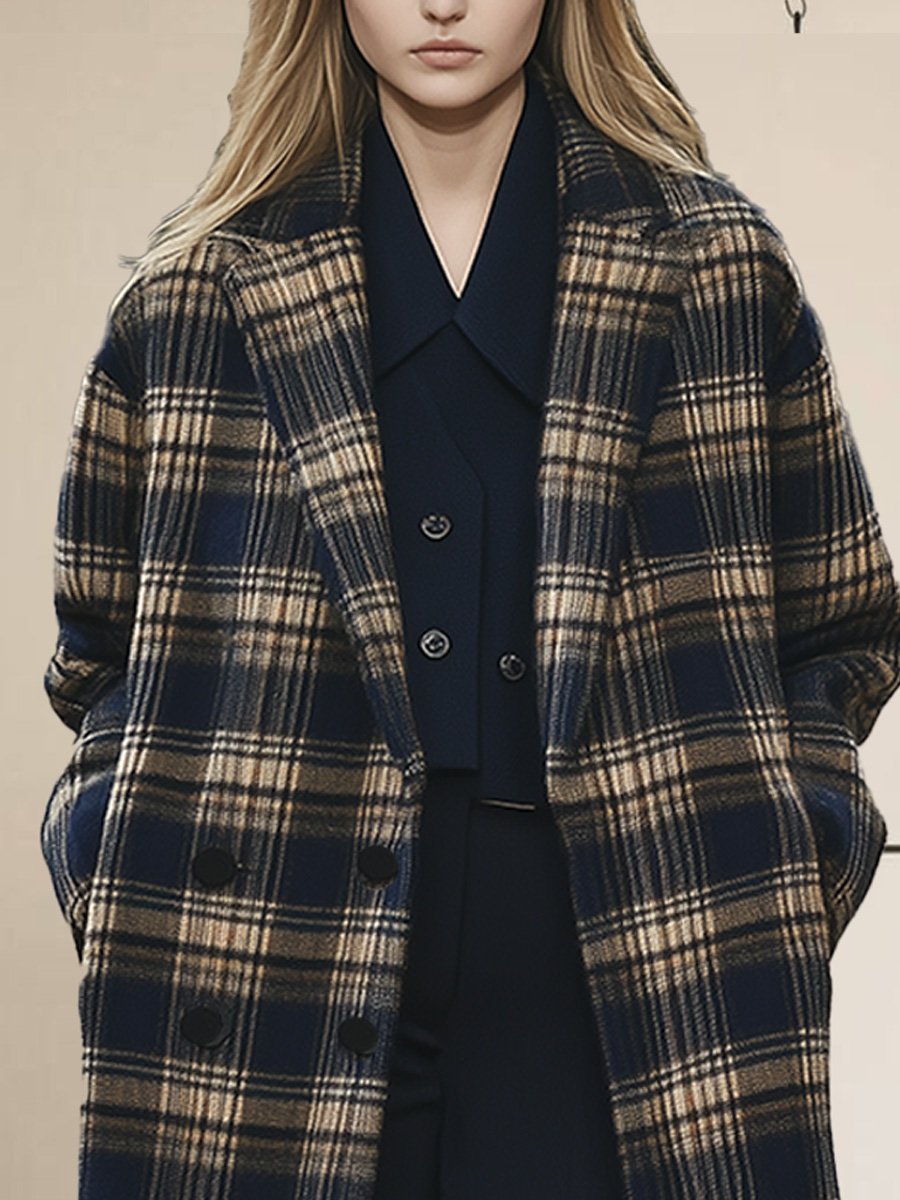 Stylish Lapel Checkered Wool Long Coat