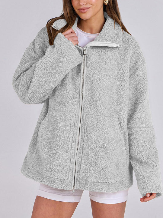 Women's Solid Color Lamb Wool High Collar Wool Coat