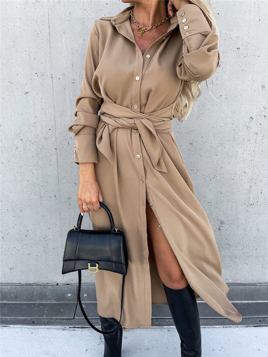 Solid Color Cardigan Long Sleeve Swing Maxi Dress