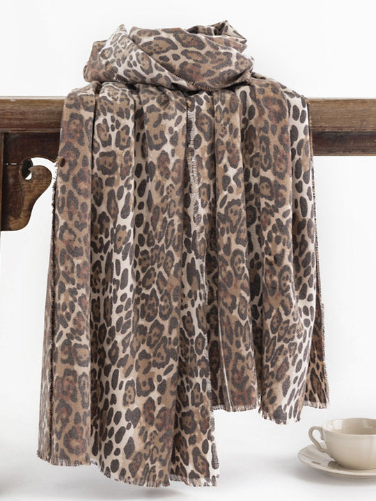 Ethnic Leopard Print Short Tassel Woven Cashmere Brushed Scarf