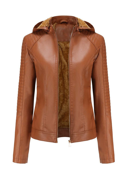 Women's Thick Hooded Warm Leather Jacket