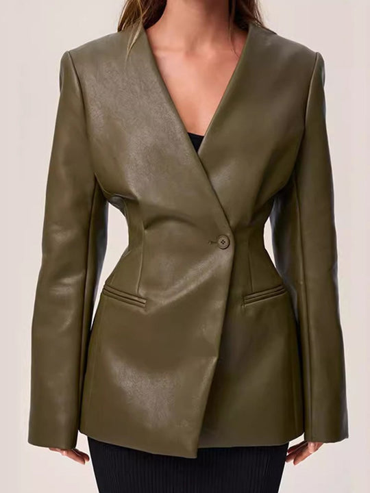 Fashionable Green V-neck Slim-fit Leather Blazer