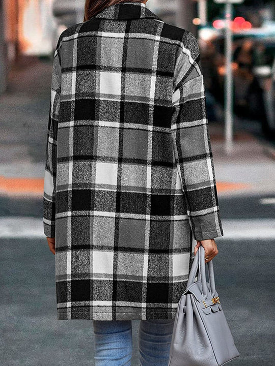 Ladies Lapel Pocket Plaid Wool Coat