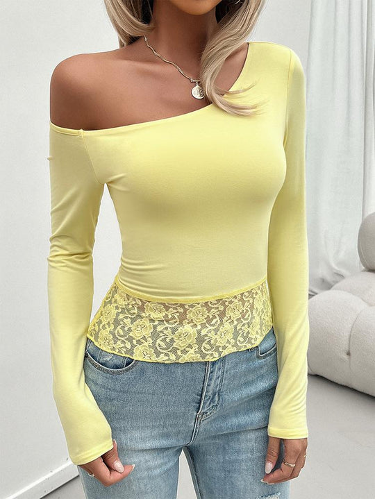 Asymmetrical Neck Lace Patchwork Stretch T-shirt