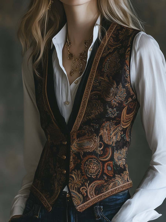 Womens Vintage Gold Trim Paisley Vest