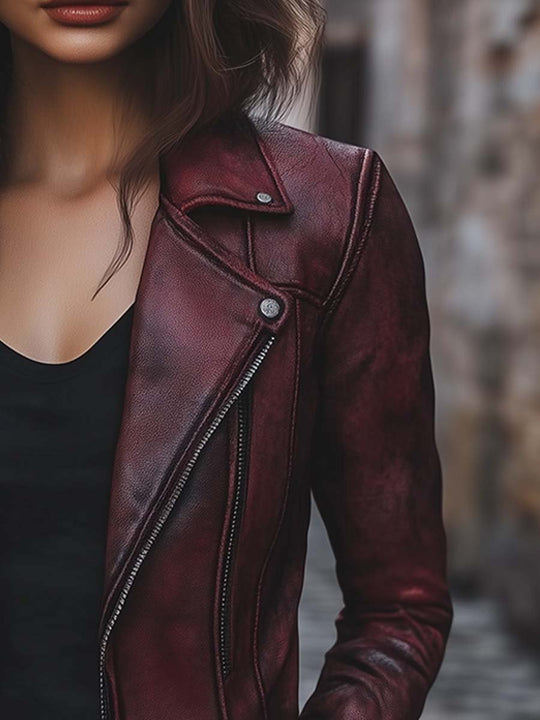 Women's Vintage Jacket Zipper Pocket Leather Jacket