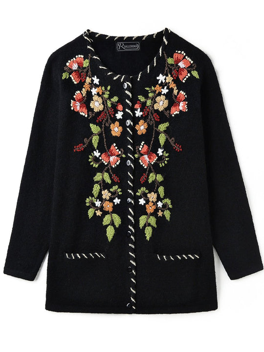 Hand-embroidered Wool Loose Pocket Cardigan