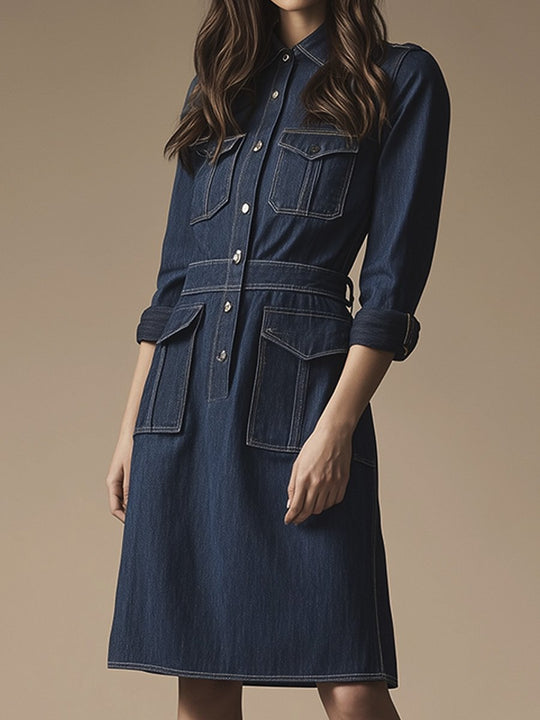 Casual and Capable Dark Blue Multi-pocket Denim Dress