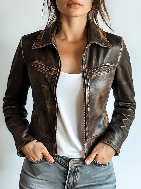 Retro Lapel Multiple-pocket Zipper Leather Biker Jacket