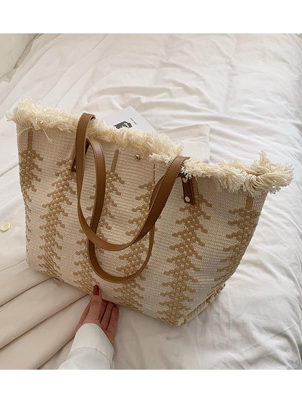 Niche Design Tassel Cotton and Linen Woven Commuting Tote Bag