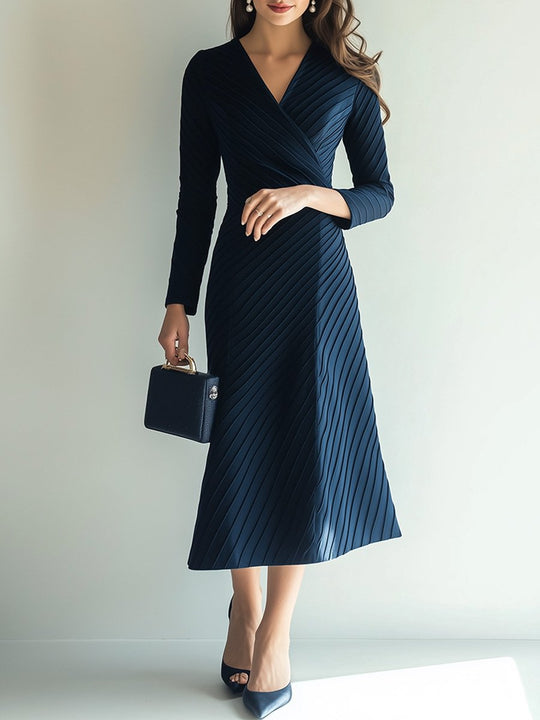 Blue Elegant V-neck Long Sleeve Maxi Dress