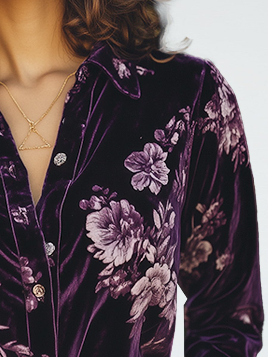 Casual Loose Vintage Velvet Printed Long Sleeve Shirt