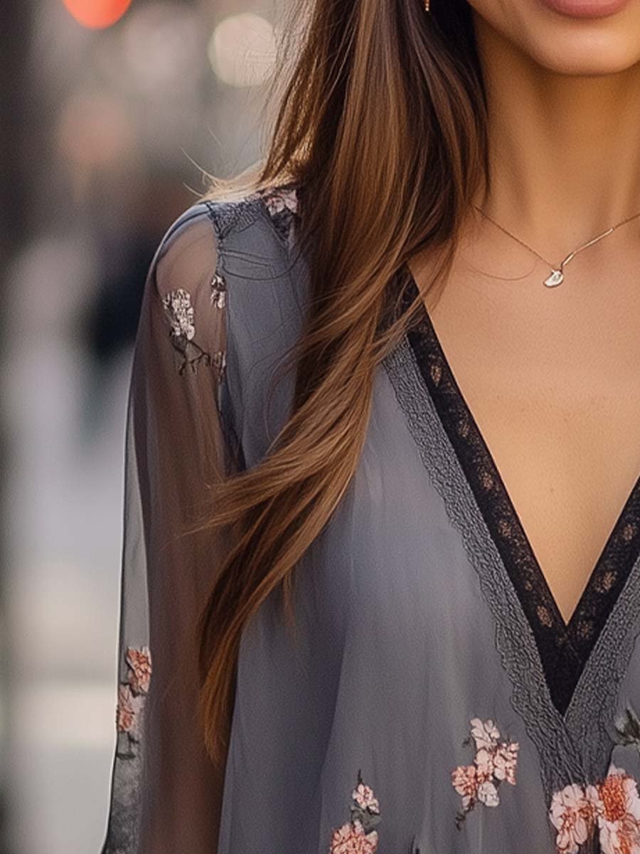 Boho Sheer Floral V-Neck Blouse