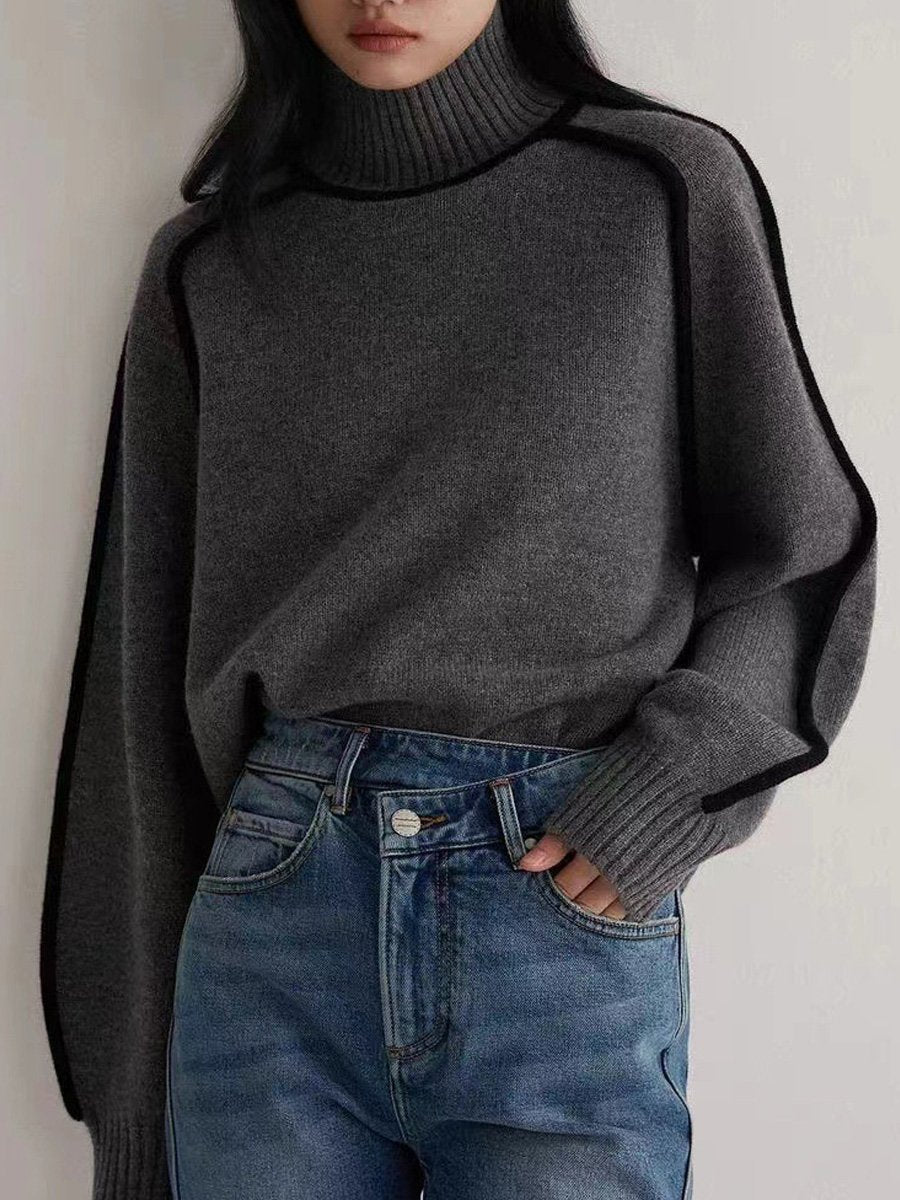 Contrast Color High Collar Raglan Sleeve Wool Sweater