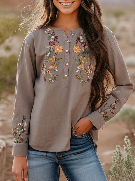 Retro Cotton and linen Flower Embroidery Henley Shirt