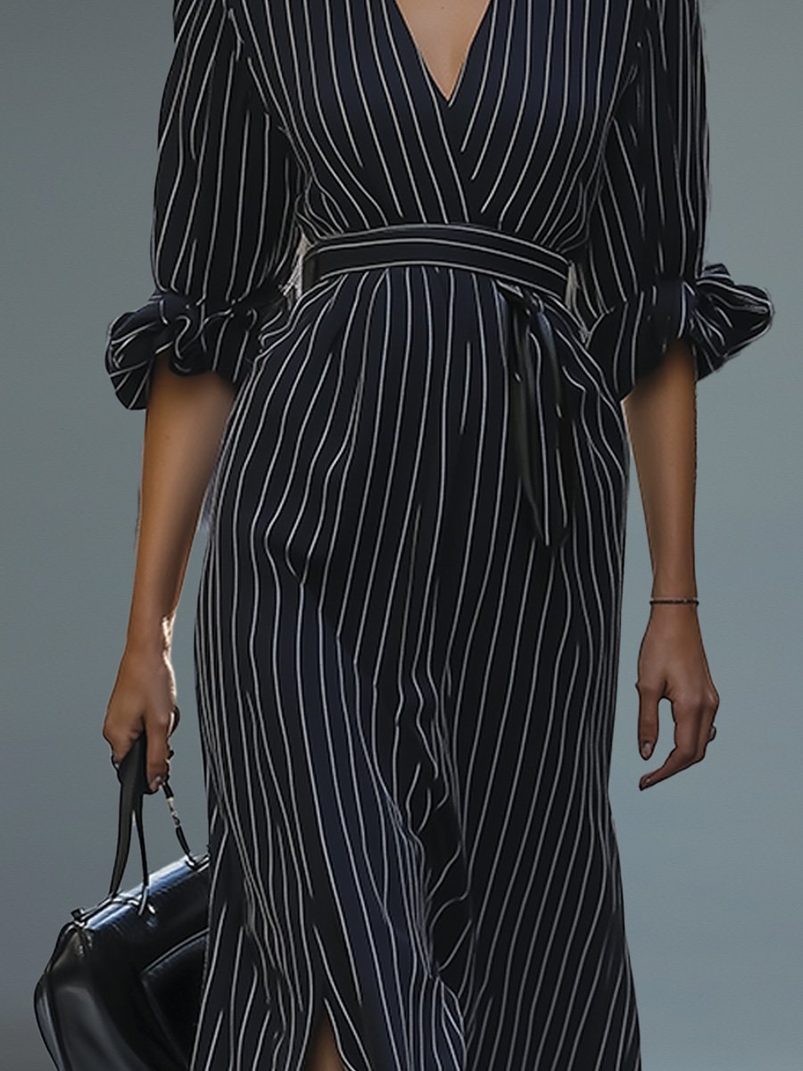 Casual Striped Commuting Waist Long-sleeved Maxi Dress