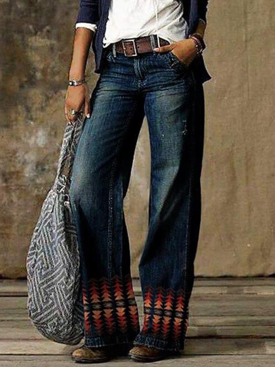 Retro Fashion Print Casual Straight-Leg Wide-Leg Jeans