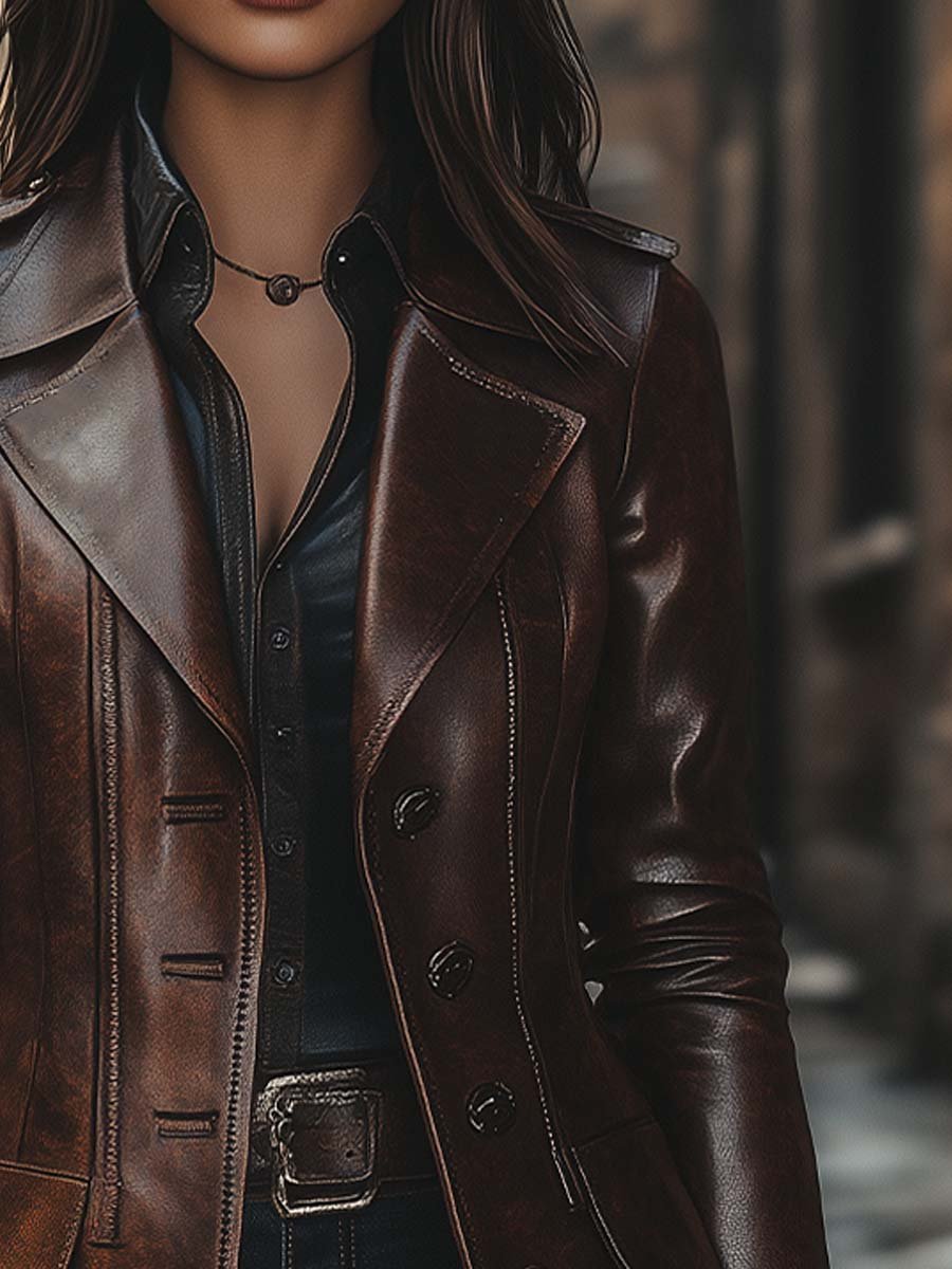 Women's Vintage Lapel Button Leather Long Jacket