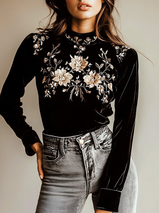 Mock Neck Floral Embroidery Long Sleeve Velvet Blouse