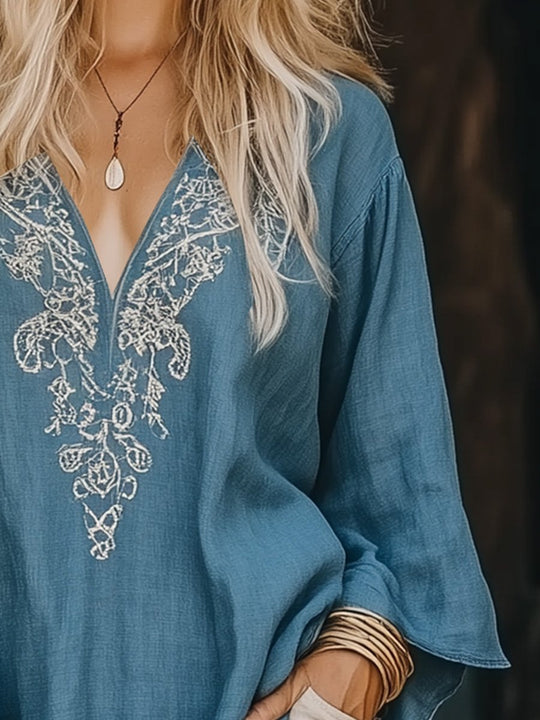 Casual V-neck Cotton and Linen Embroidered Top