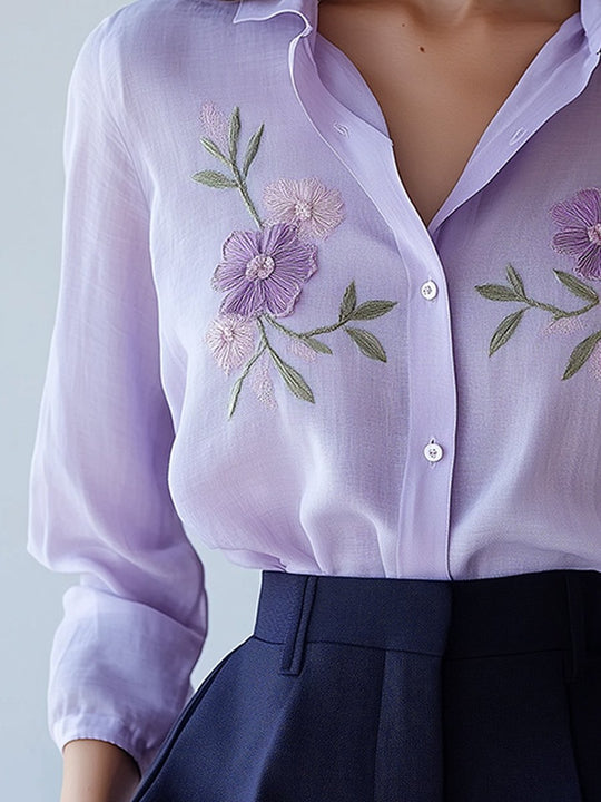 Lavender Floral Embroidered Sheer Button-Down Blouse