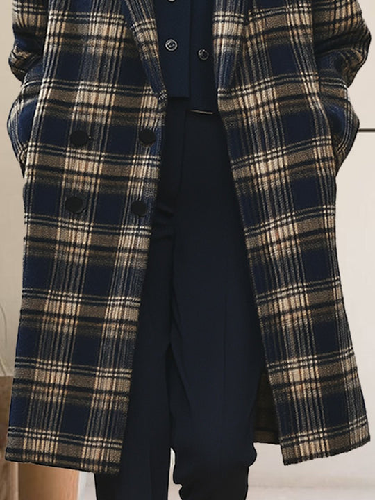 Stylish Lapel Checkered Wool Long Coat