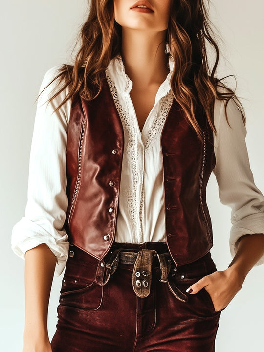 Vintage All-match Button Down Leather Waistcoat