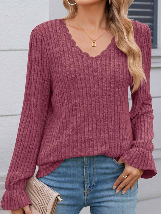 Ribbed Lace Collar Long-sleeved Bottoming Sweater