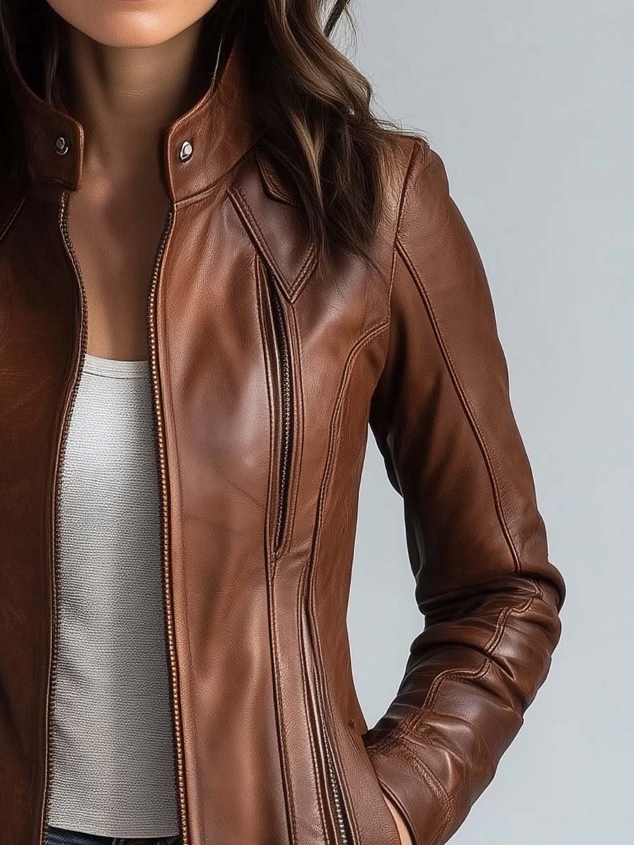 Women's Stand Collar Vintage Leather Jacket