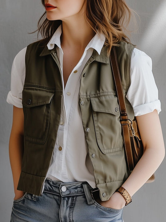 Casual Retro Multi-pocket Workwear Utility Waistcoat