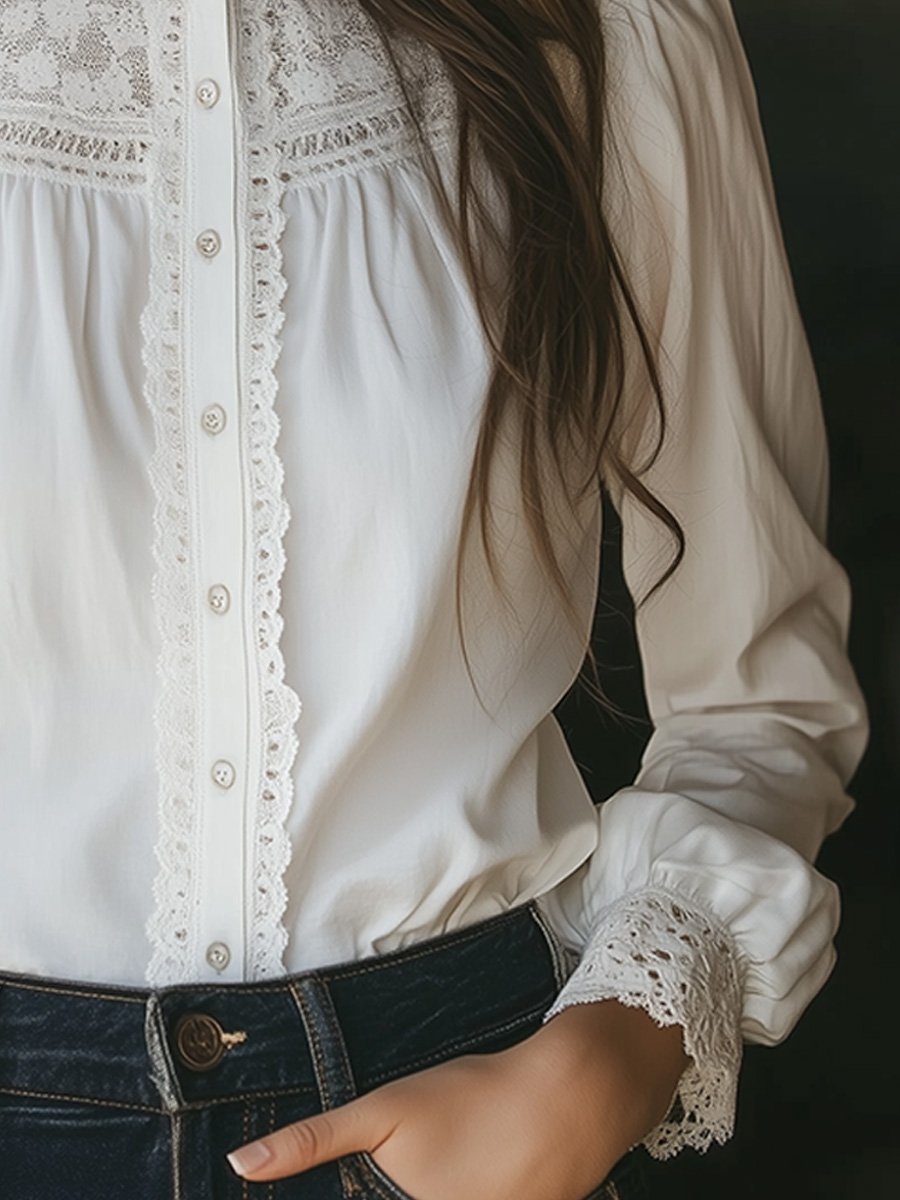 White Casual Cotton Lace Long Sleeve Shirt