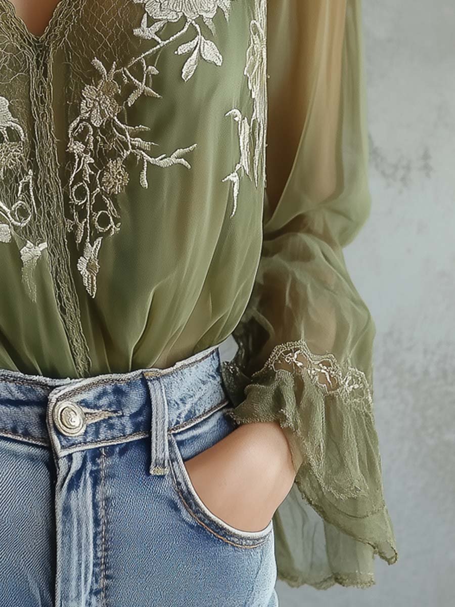 Olive Green Embroidered Lace Blouse