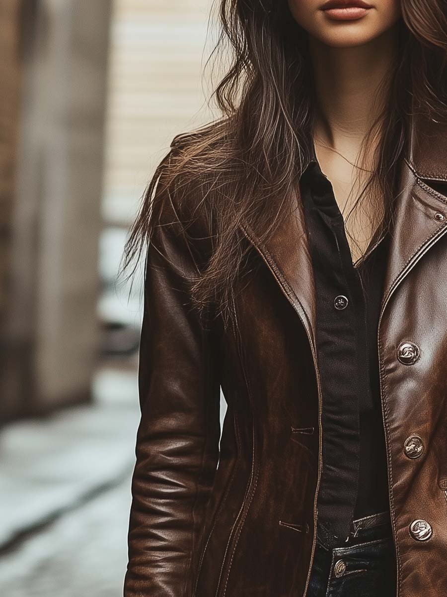 Women's Vintage Buttons Leather Jacket