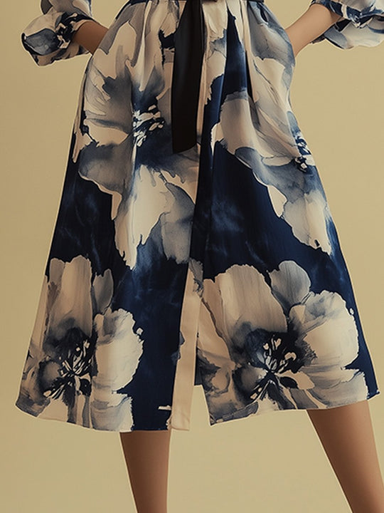 Elegant V-neck Printed Waisted Midi Dress