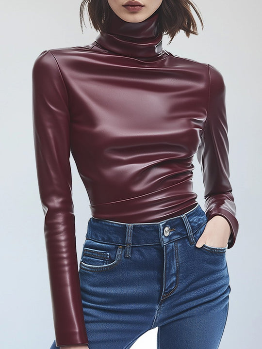 Stylish Turtleneck Red Casual Leather Shirt