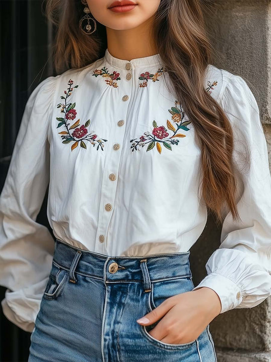 Women's Embroidered Cotton Long-sleeved Blouse