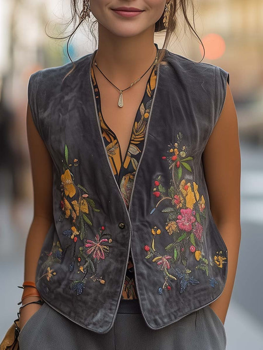 Garden Bloom Embroidered Suede Vest