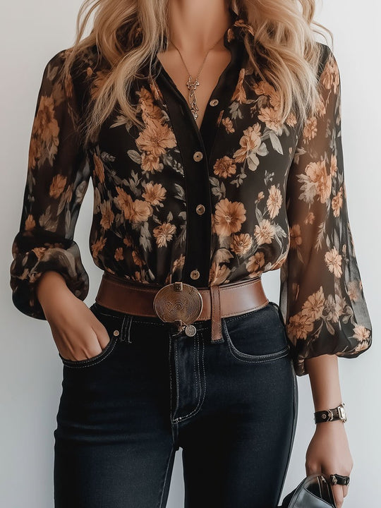 Boho Floral Printed Sheer Three-quater Sleeve Shirt