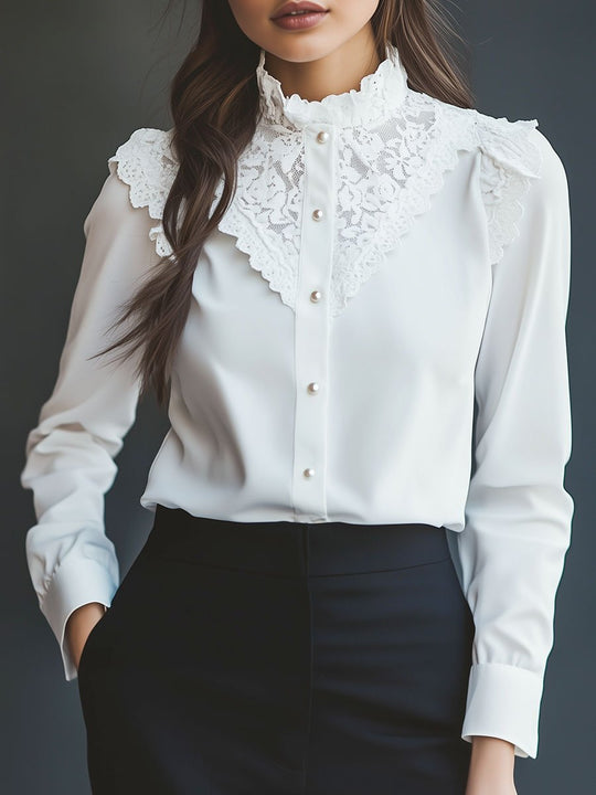 Retro Lace Patchwork Pearl Buttons Chiffon Shirt