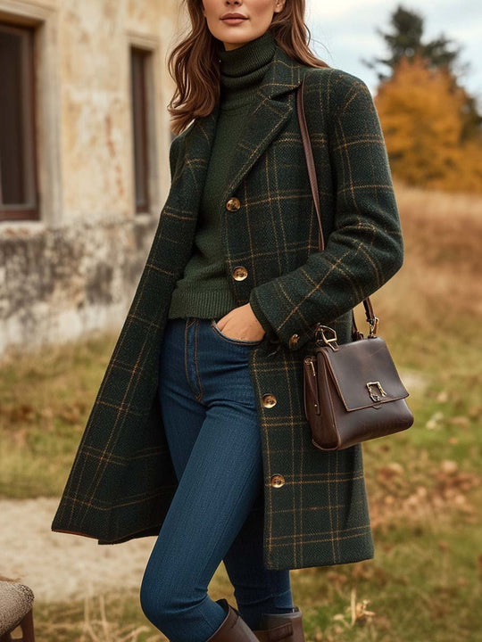 Women's Button Plaid Wool Coat